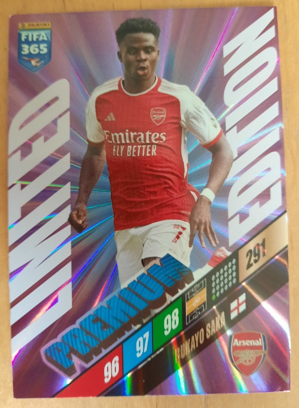 Limited Edition van Bukayo Saka van Arsenal kaart - Panini, Verzamelen, Ophalen of Verzenden, Zo goed als nieuw, Buitenlandse clubs