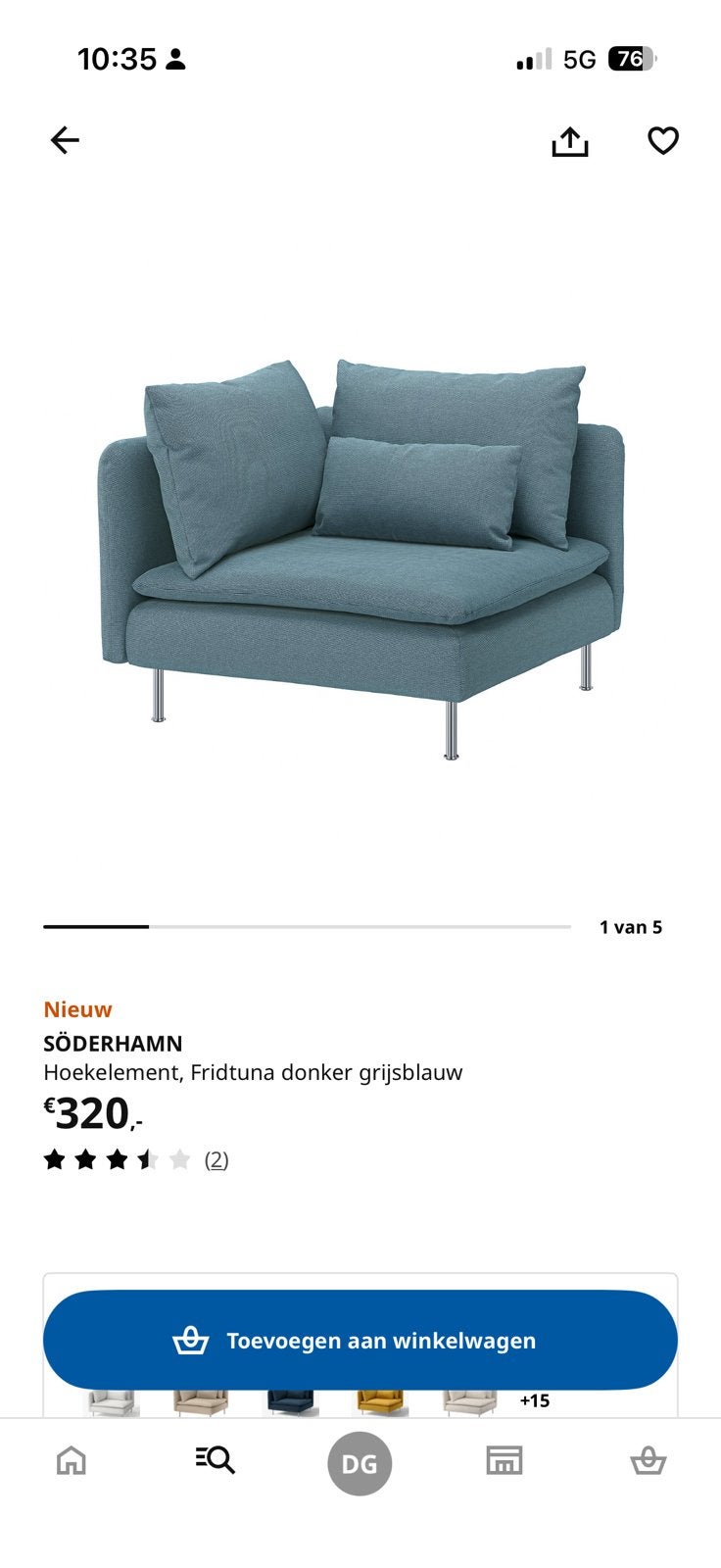 SODERHAMN Hoekelement grijsblauw, Ophalen, Gebruikt, Eenpersoons, 100 tot 125 cm