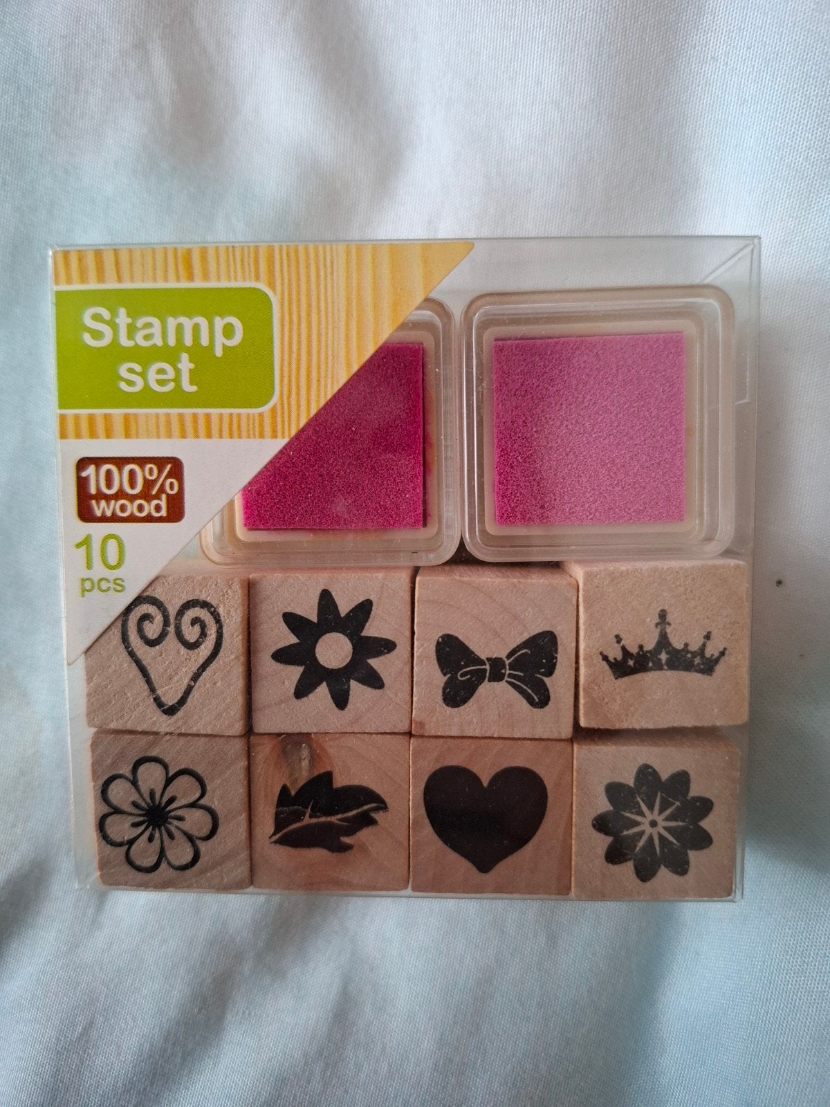 Nieuwe houten stempelset met inktkussens - 10 stuks, Ophalen of Verzenden, Nieuw, Houten stempel