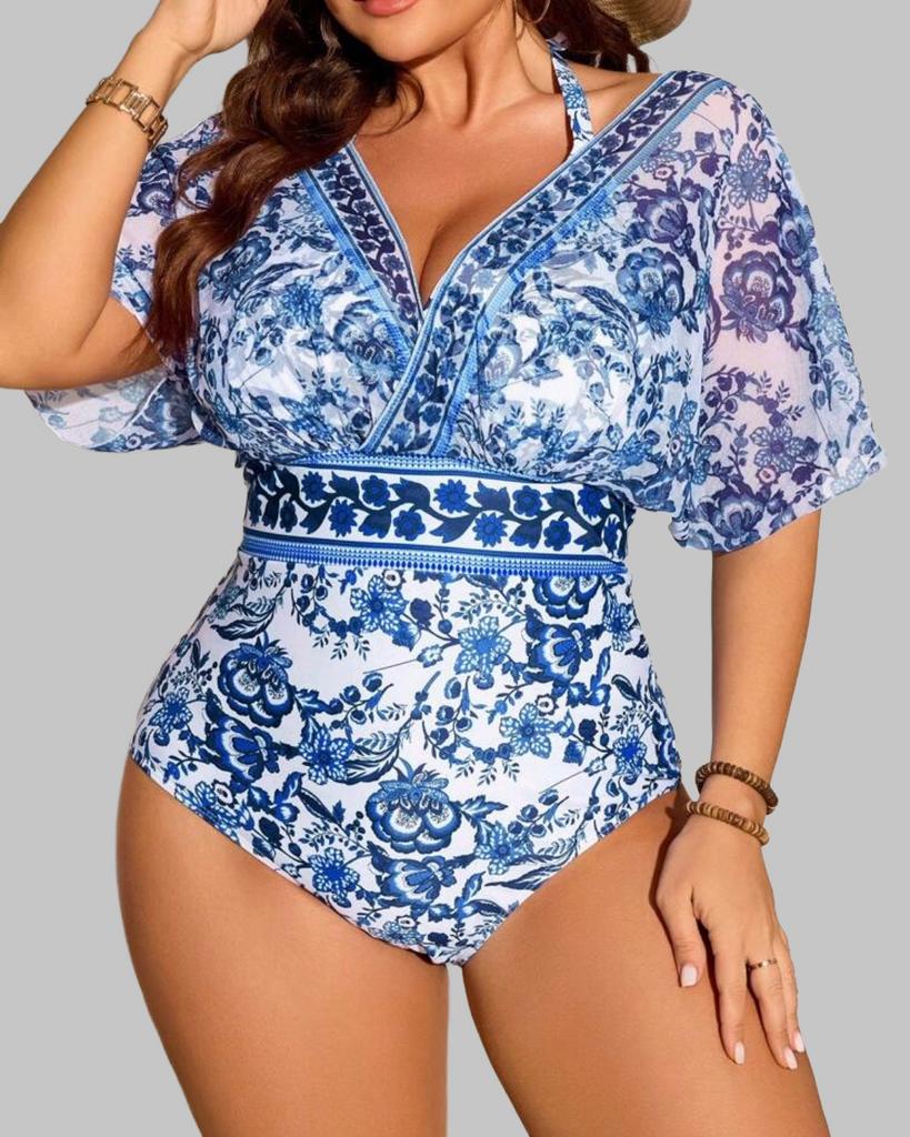 Plus Size Bloemenprint Badpak met kimono mouwen (44-52), Verzenden, Nieuw, Blauw, Badpak