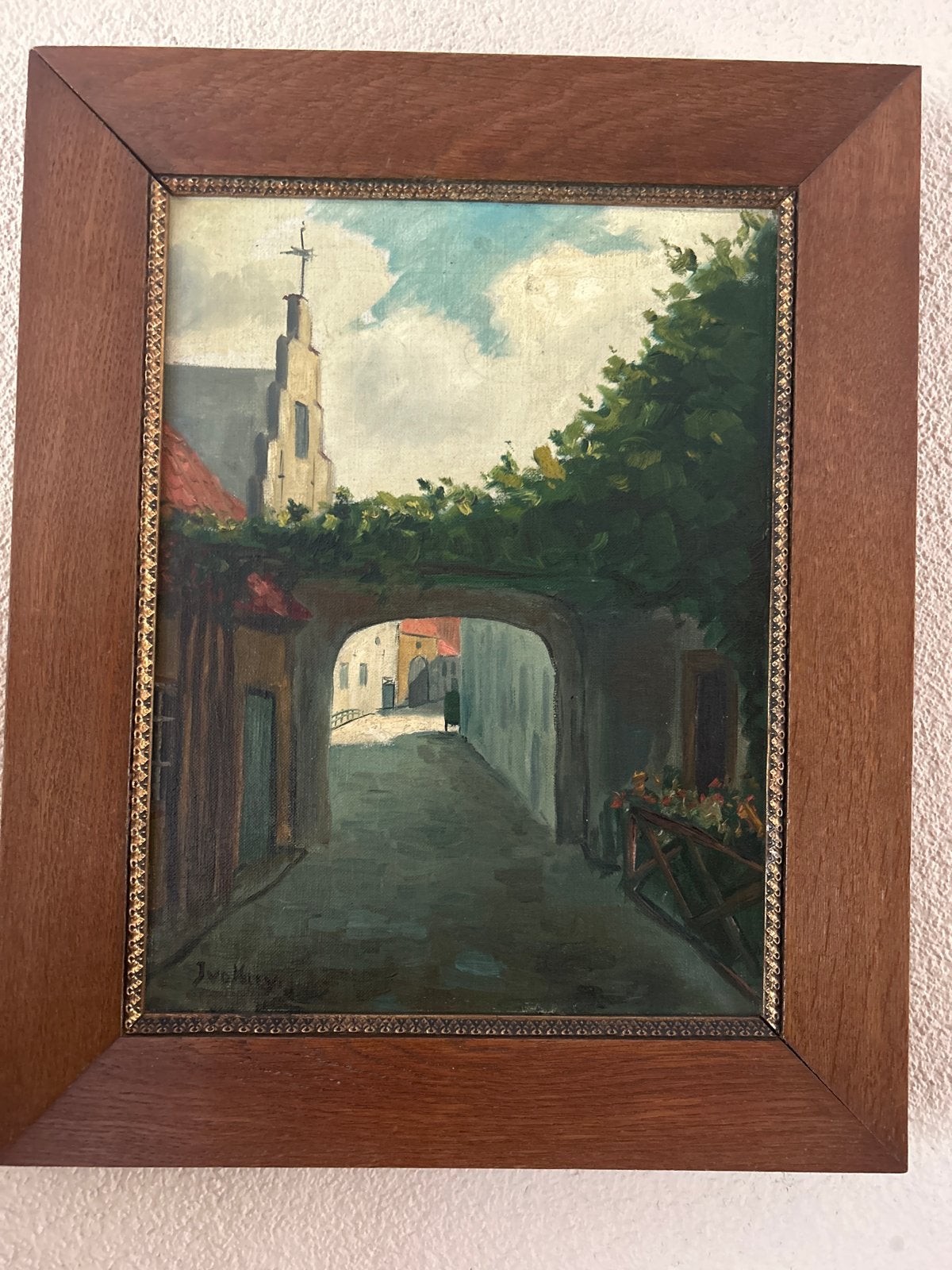Oud schilderij van J.W. Keyser, stadsgezicht met kerk, Ophalen