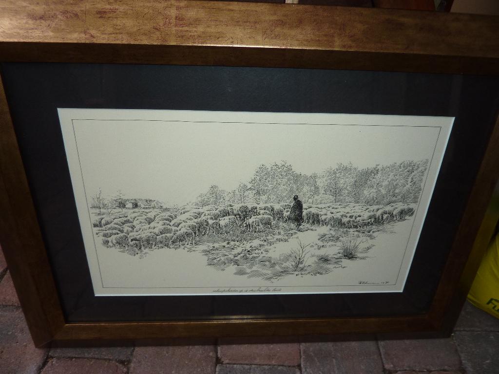 oude tekening ets schaapherder strabrechtse heide in lijst, Ophalen of Verzenden