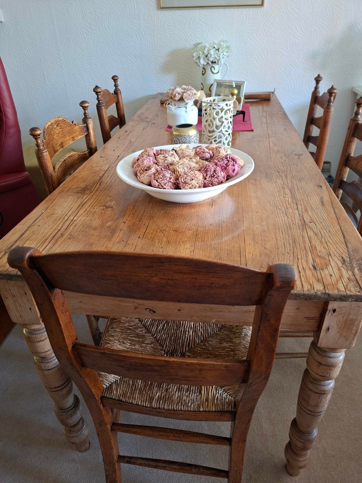 Antieke hollandse grenen tafel met 2 lades en 5 stoeltjes., Ophalen