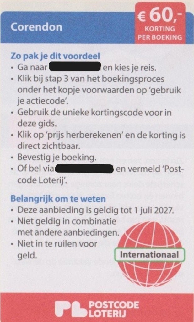 Corendon € 60,- korting. Postcodeloterij kortingsbon., Drie personen of meer, 3 overnachtingen of meer