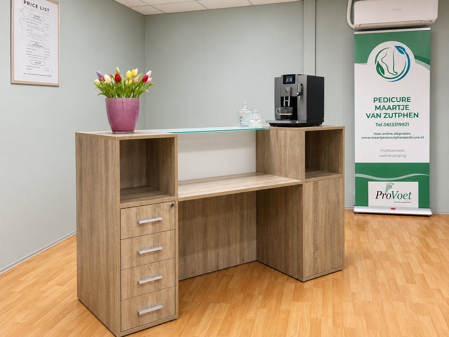 Professionele receptiebalie / ontvangstbalie – 188 cm breed, Ophalen, Overige typen, Met lades, Spaanplaat of MDF