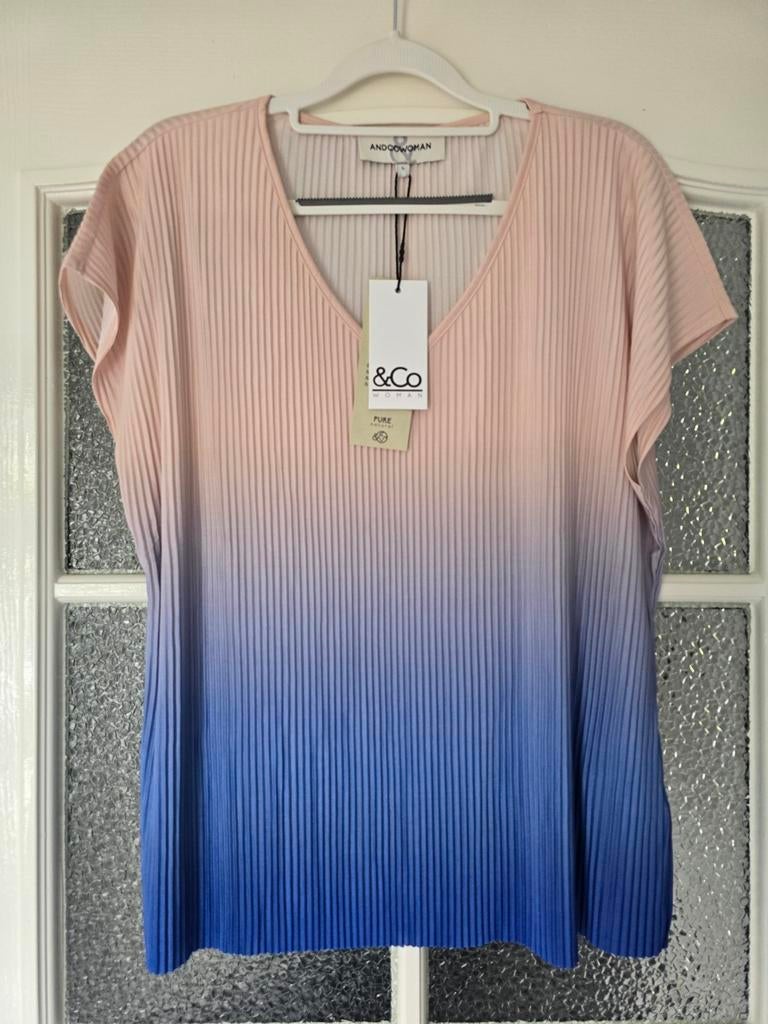 Nieuw &co woman andcowoman and cowoman L plisse blauw creme, Ophalen of Verzenden, Nieuw, Blauw, Korte mouw