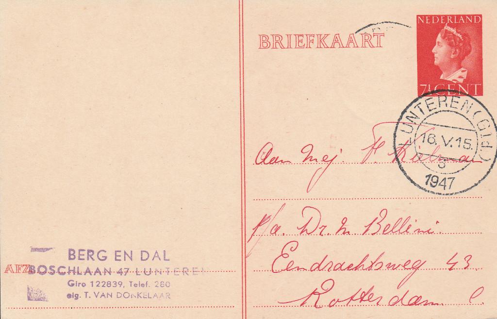 LUNTEREN 1947 BERG en DAL Boschlaan 47 T van DONKELAAR, Ophalen of Verzenden, 1940 tot 1960, Gelopen, Gelderland