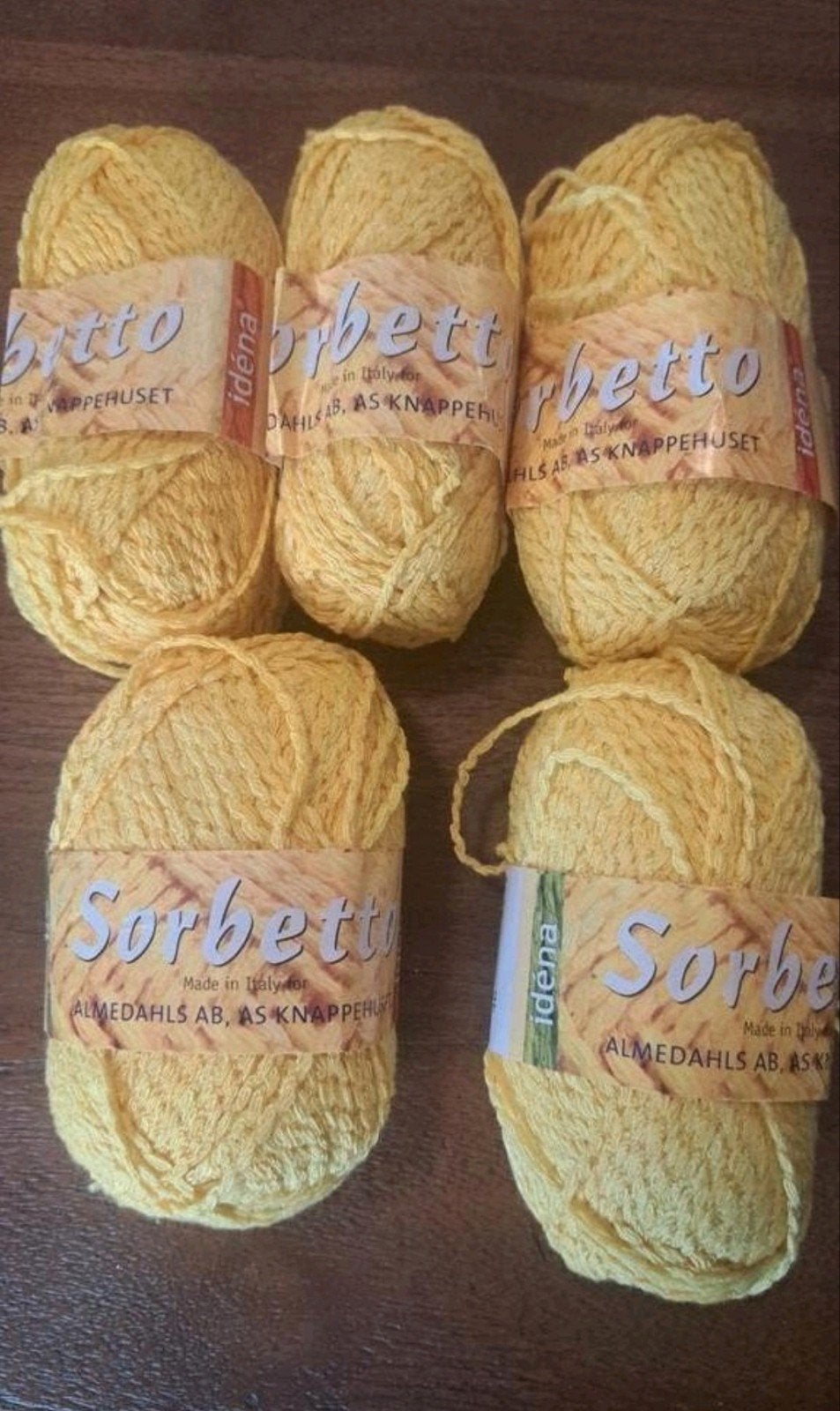 Sorbetto Katoen Garen Geel - 5 Bollen, Hobby en Vrije tijd, Ophalen of Verzenden, Zo goed als nieuw, Breien of Haken, Wol of Garen