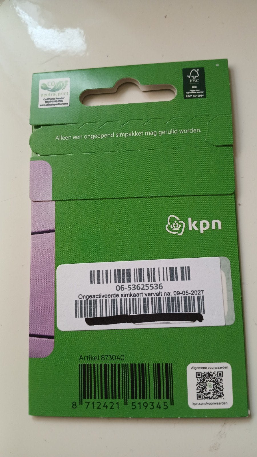 KPN Simkaart - Ongeactiveerd en Nieuw - 0653625536, Ophalen, Nieuw, KPN, Simkaart