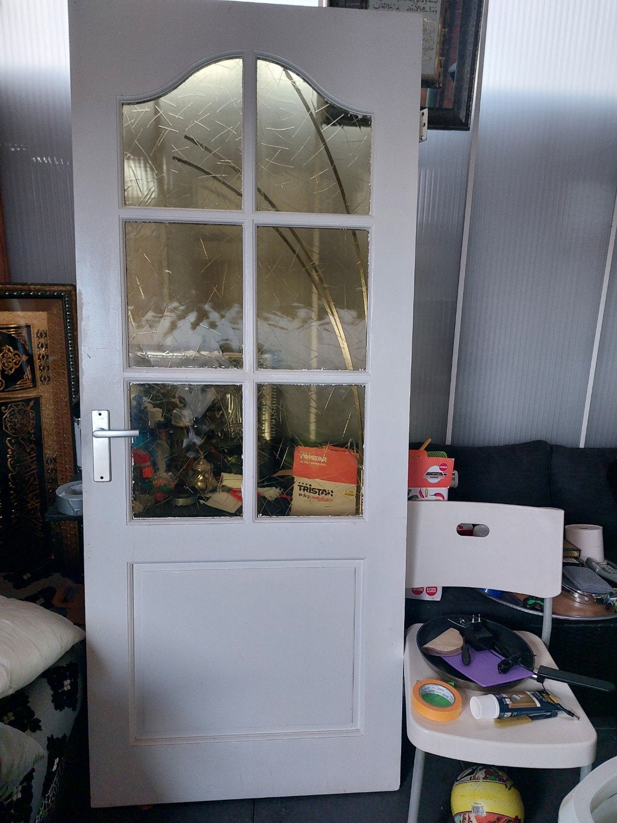 Witte binnendeur met glaspanelen, Doe-het-zelf en Verbouw, Deuren en Horren, Ophalen, Gebruikt, Binnendeur, 200 tot 215 cm