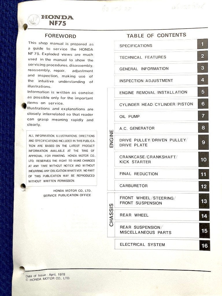 Honda NF75 1979 Service Manual, Motoren, Ophalen of Verzenden, Honda