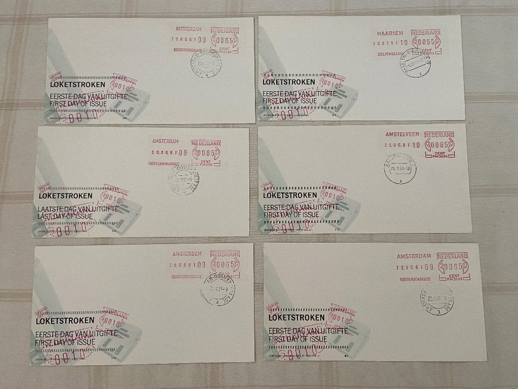 Loketstrook Eerste Dag enveloppen 6 stuks, ook nummer 0., Postzegels en Munten, Brieven en Enveloppen | Nederland, Ophalen of Verzenden