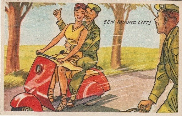 Getekend jaren '60 soldaat krijgt lift op rode scooter, Verzenden, 1960 tot 1980, Ongelopen, Overige thema's