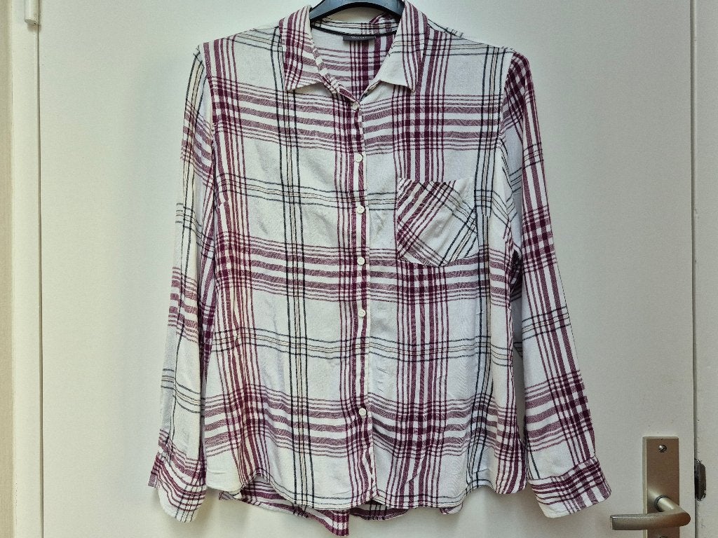 C&A YESSICA wit + bordeauxrode geruite / geblokte blouse 46, Wit, Maat 46/48 (XL) of groter, Ophalen of Verzenden, Gedragen