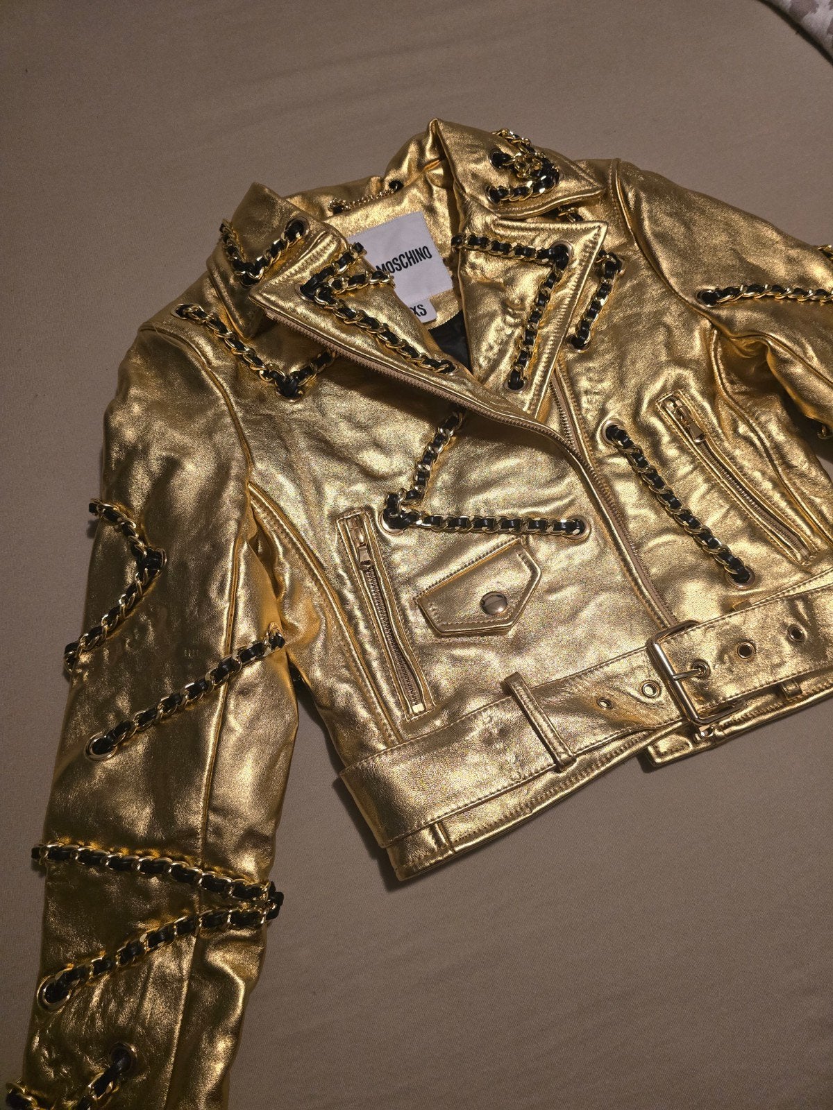 H&Moschino leren jacket goud XS, Nieuw, Jasje, Maat 34 (XS) of kleiner, Goud