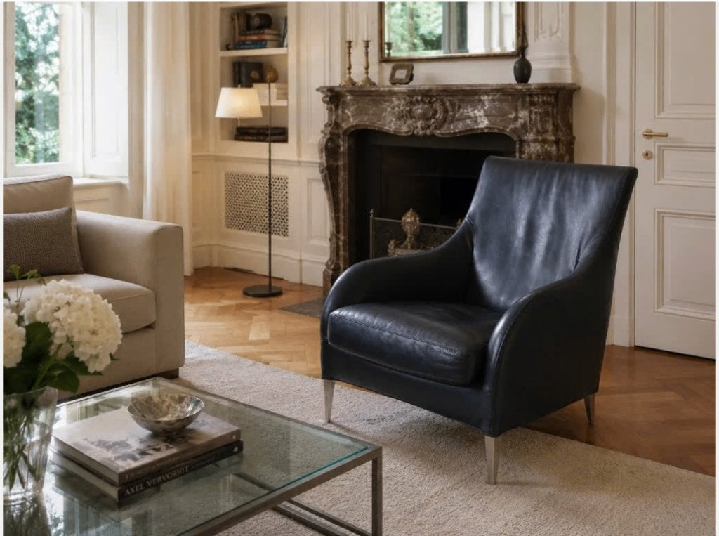 B&B Italia Florence fauteuil Antonio Citerio Zwart leer, Huis en Inrichting, Ophalen, Gebruikt, 75 tot 100 cm, Italiaans Vintage Klassiek