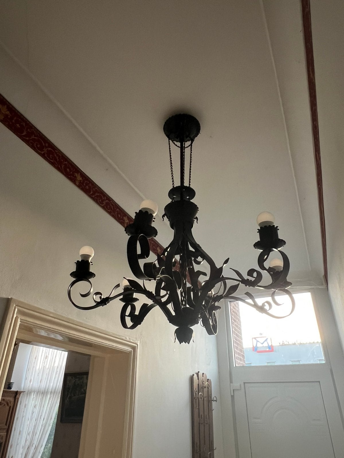 Prachtige Zwart Gesmede Kroonluchter lamp, Ophalen, Gebruikt, Metaal