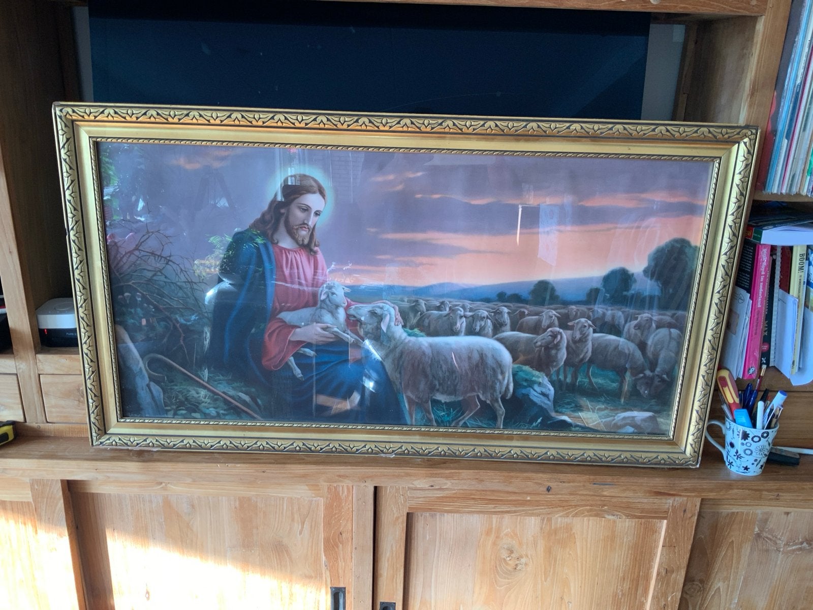 Klassiek schilderij Jezus met lammeren, ingelijst, Achter glas, Ophalen of Verzenden, Klassiek, Print