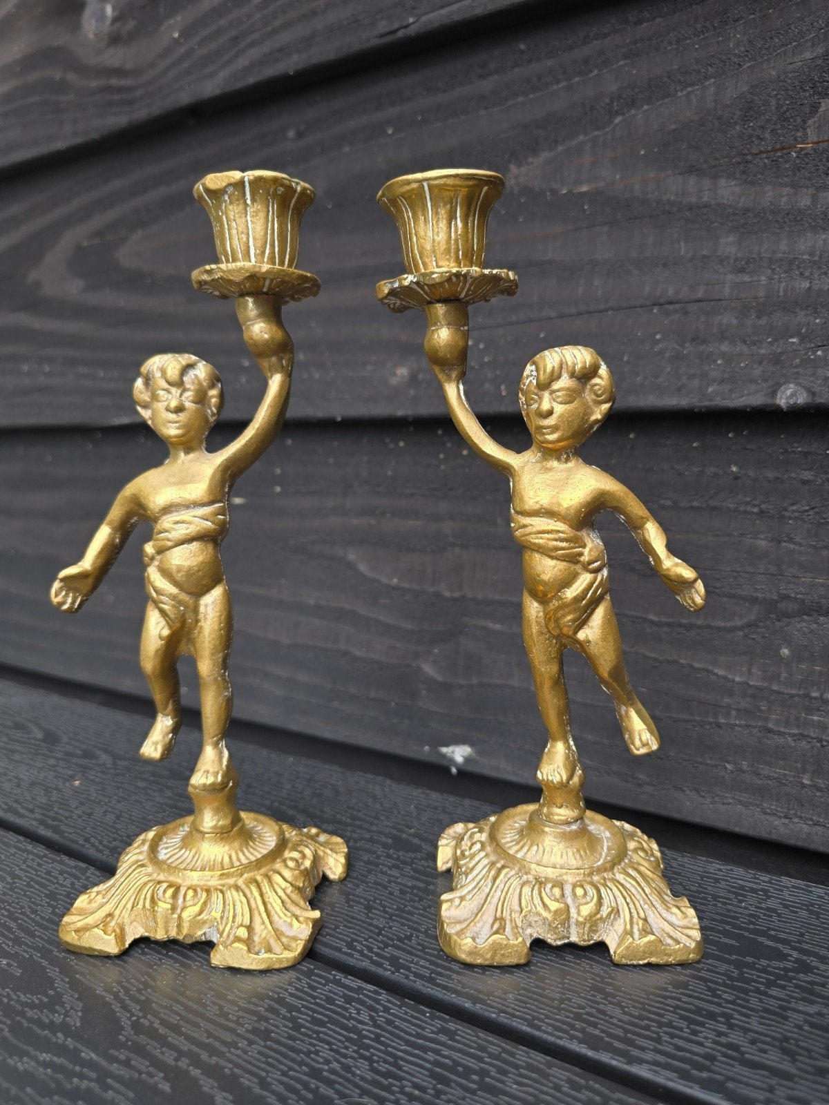 kandelaars met cherubijnfiguren vintage, Ophalen of Verzenden, Koper of Brons