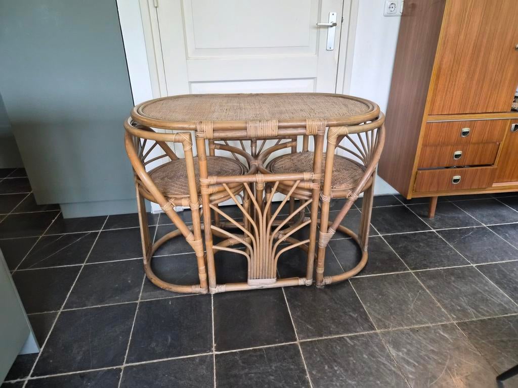 Rotan bistro set – tafel + 2 stoelen – vintage stijl, Ophalen, Gebruikt, Rechthoekig, 75 cm of meer