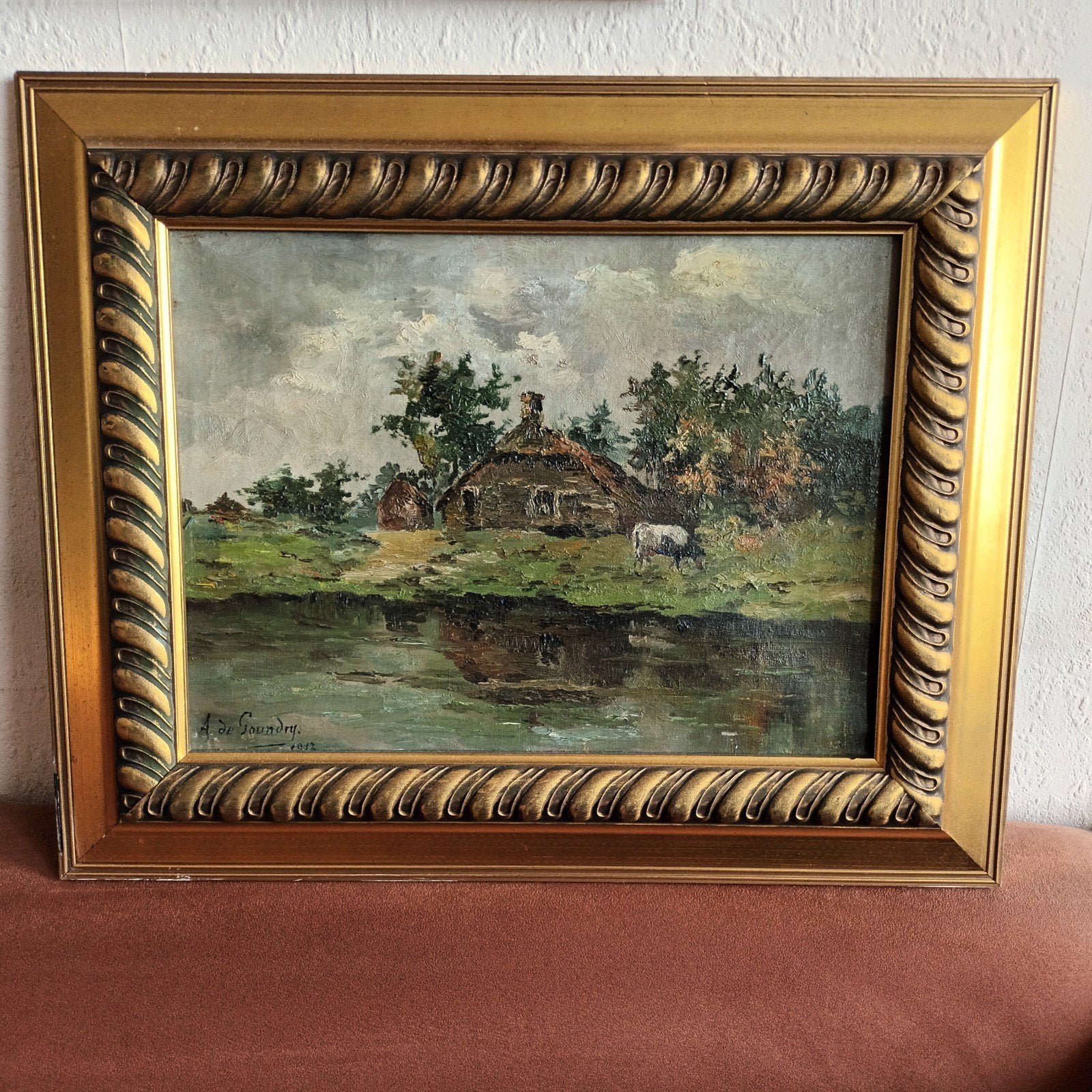 Hollands landschap met koeien, olieverf op doek, gesigneerd, Ophalen of Verzenden