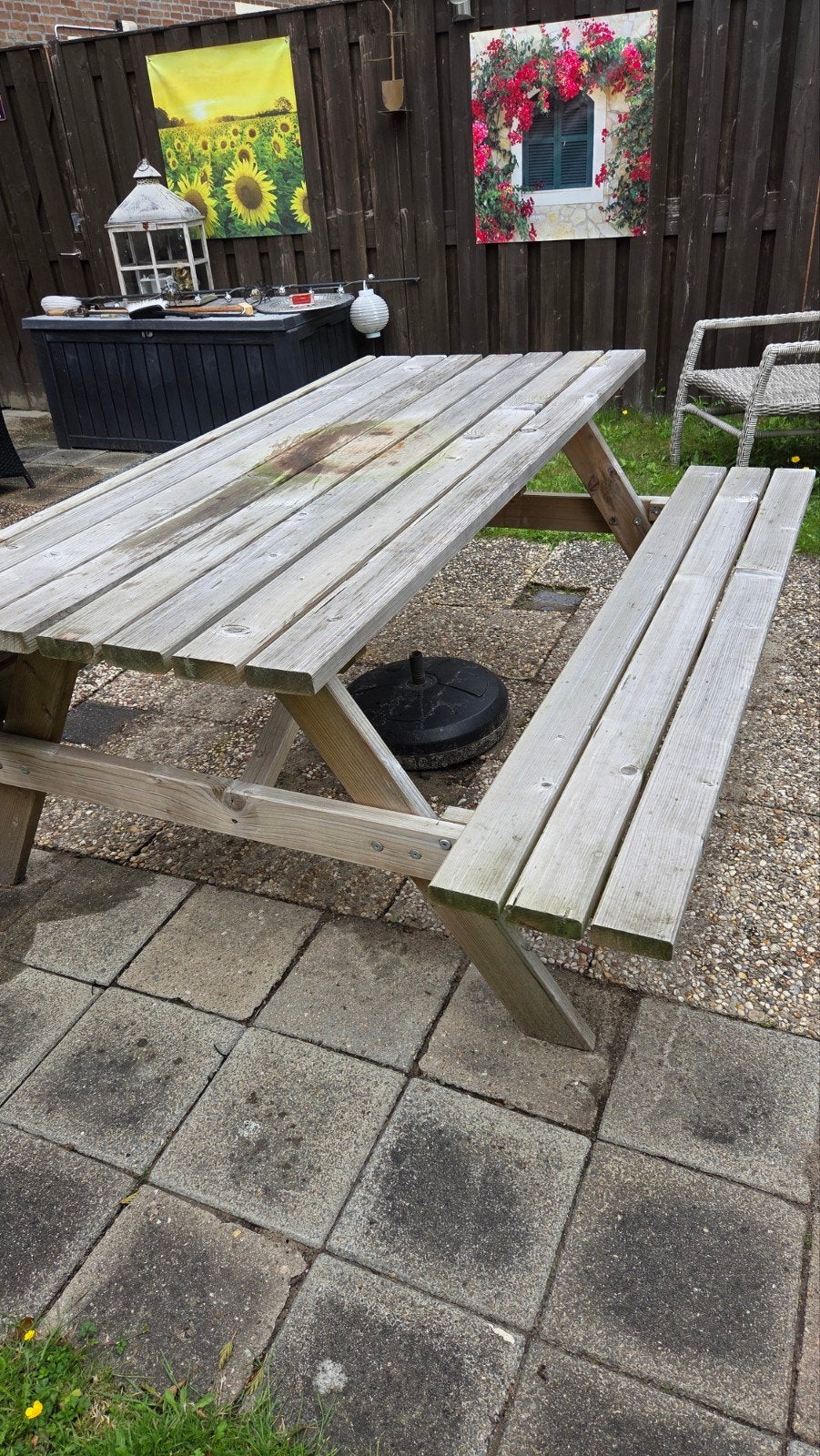 Houten picknicktafel met bankjes, Tuin en Terras, Picknicktafels, Ophalen of Verzenden, Zo goed als nieuw, Inklapbaar, Rechthoekig