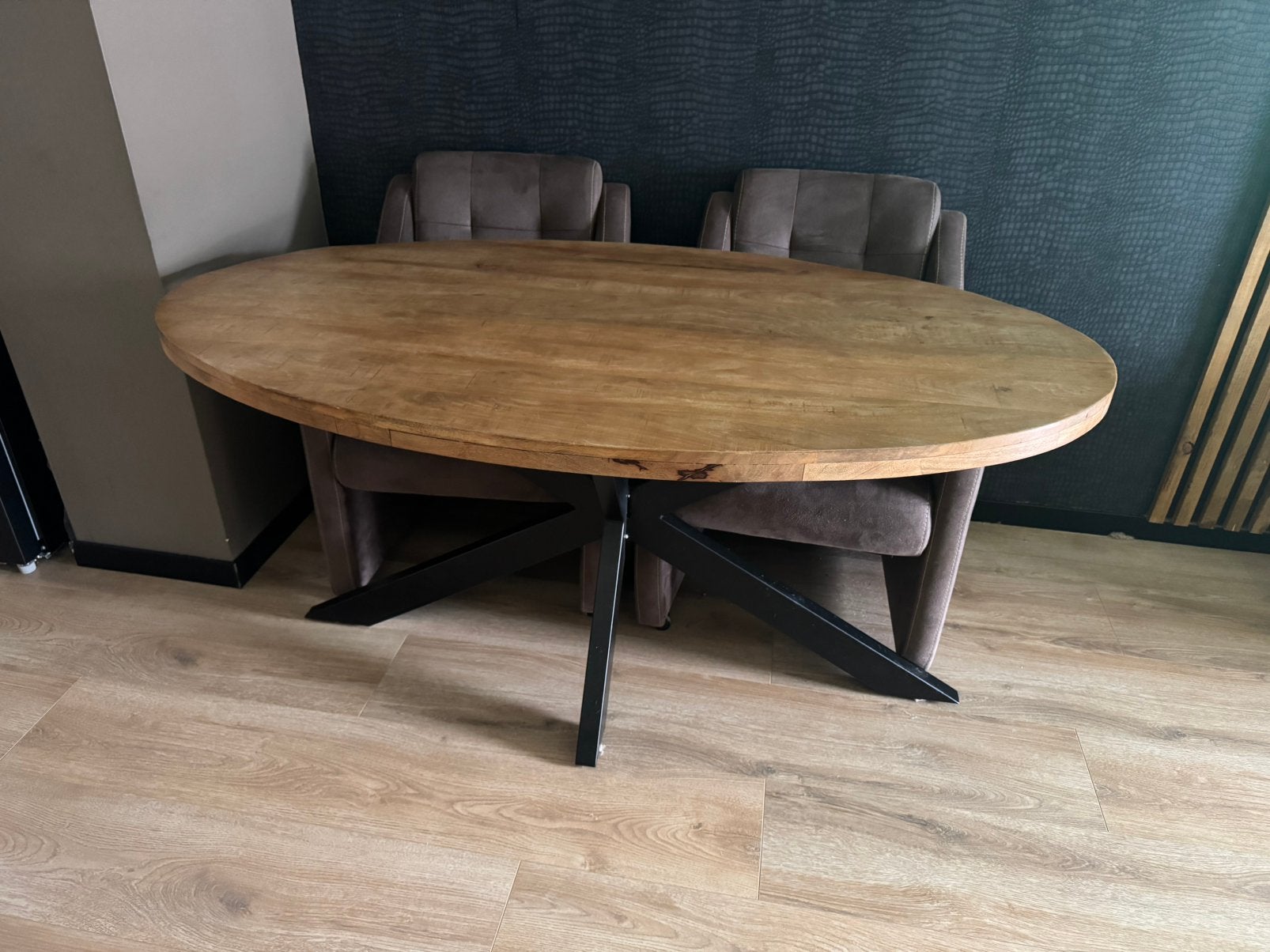 Mangohouten ovale eettafel, Ophalen, Gebruikt, 50 tot 100 cm, 150 tot 200 cm