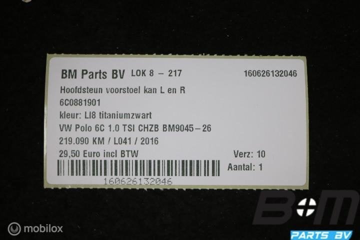 Hoofdsteun voorstoel kan L of R VW Polo 6C LI8 6C0881901, Gebruikt