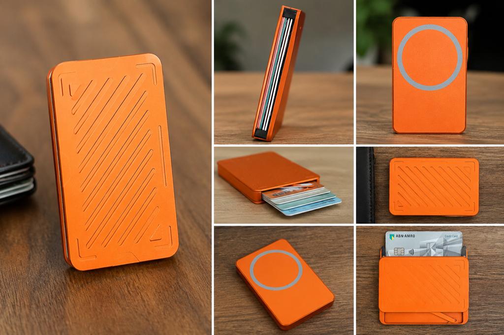 MagSafe RFID Cardholder NIEUW Pop-up Wallet Aluminium Oranje, Ophalen of Verzenden, Zo goed als nieuw