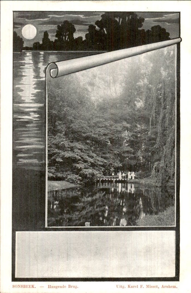 Sonsbeek - Hangende Brug - Reflectie in vijver, Ophalen of Verzenden, Voor 1920, Ongelopen, Gelderland