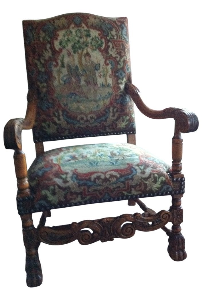 Vintage ridderstoel houtwerk in eiken /geborduurde bekleding, Antiek en Kunst, Antiek | Meubels | Stoelen en Banken, Ophalen