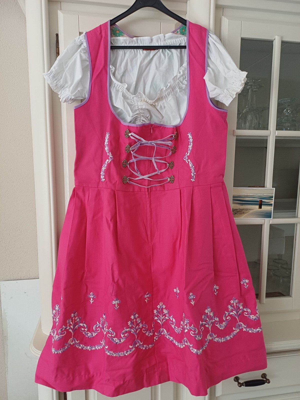 Roze Dirndl Jurk met Witte Blouse - Maat 46, Maat 46/48 (XL) of groter, Ophalen of Verzenden, Zo goed als nieuw, Knielengte