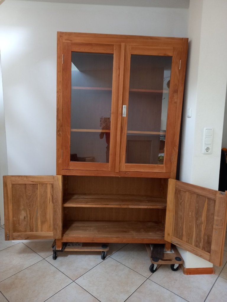 Massief Teakhouten Vitrinekast, Ophalen, 100 tot 150 cm, Teakhout, Klassiek, Landelijk