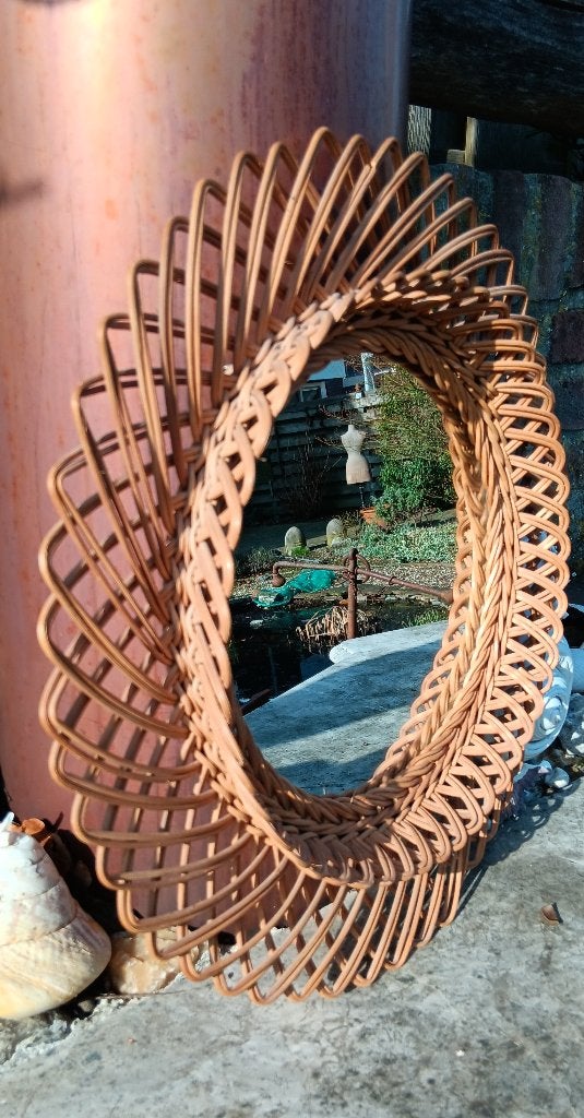 Vintage Boho style pitriet spiegel Ø 23 cm, Ophalen of Verzenden, Rond, Minder dan 50 cm, Minder dan 100 cm