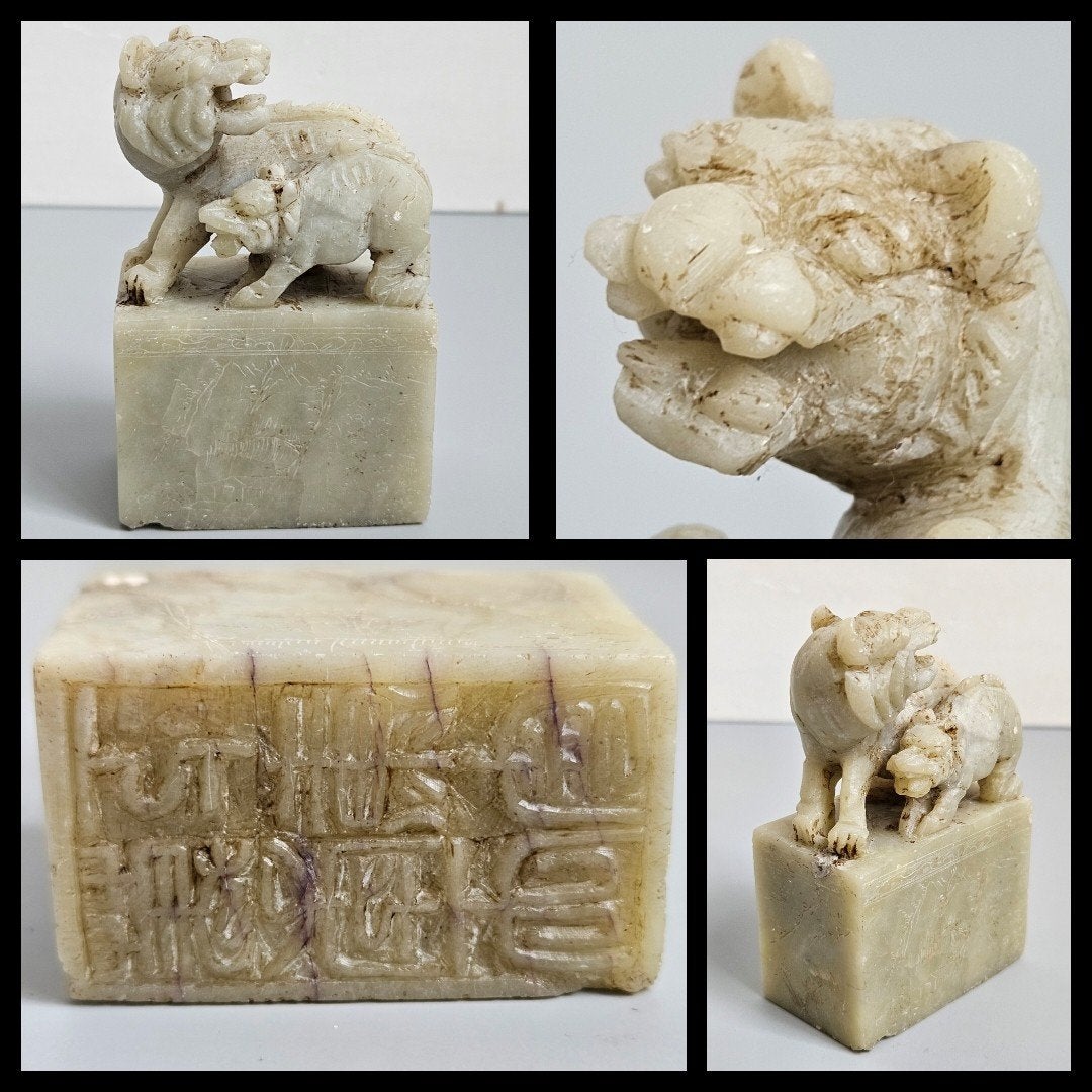 China, antieke uit speksteen gesneden stempel met dieren, Natuurlijk materiaal, Ophalen of Verzenden, China, Handgemaakt
