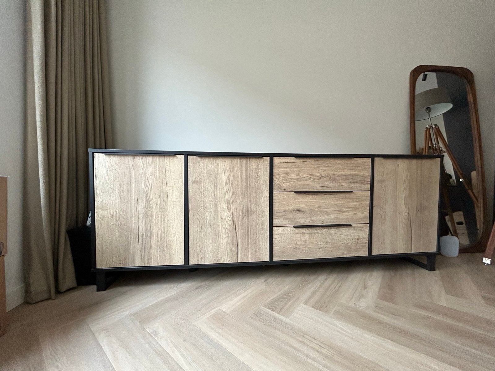 Modern dressoir met lades en deuren, zwart/hout, Ophalen, Gebruikt, 200 cm of meer, Met lade(s)