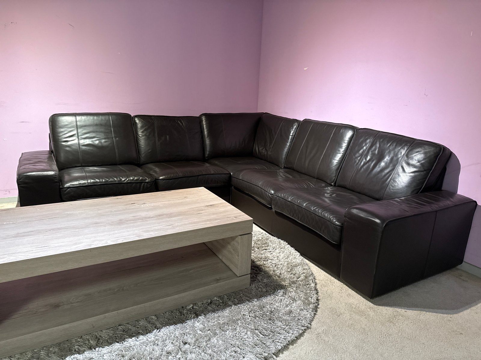 Bruine Leren Hoekbank - 250x250cm, Huis en Inrichting, 250 tot 300 cm, Gebruikt, ., Minder dan 75 cm
