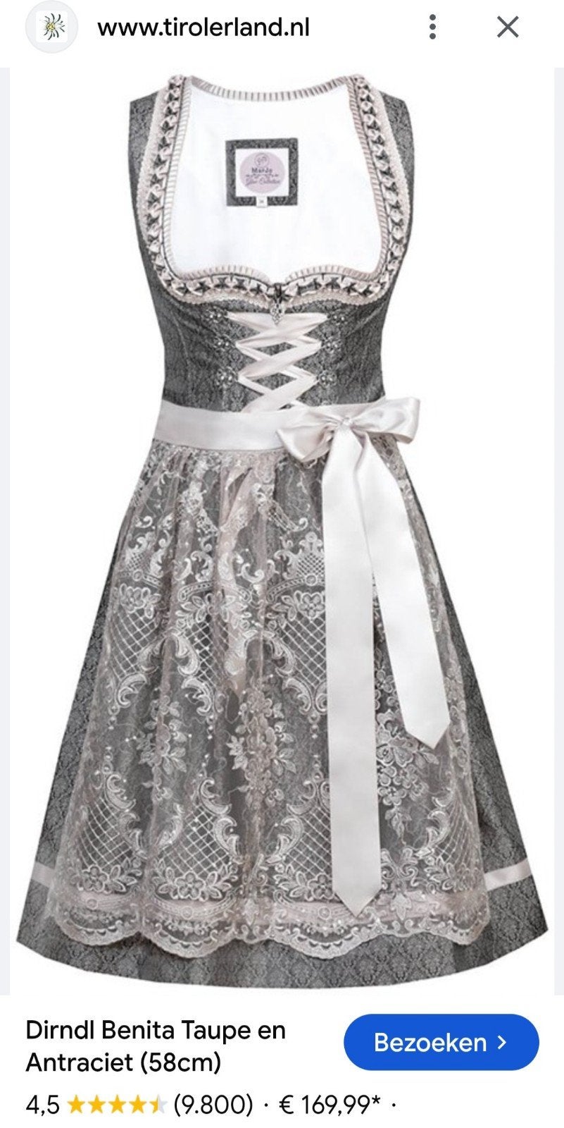 MarJo Dirndl Benita Taupe en Antraciet (Maat 46), Maat 46/48 (XL) of groter, Ophalen of Verzenden, Zo goed als nieuw, Knielengte