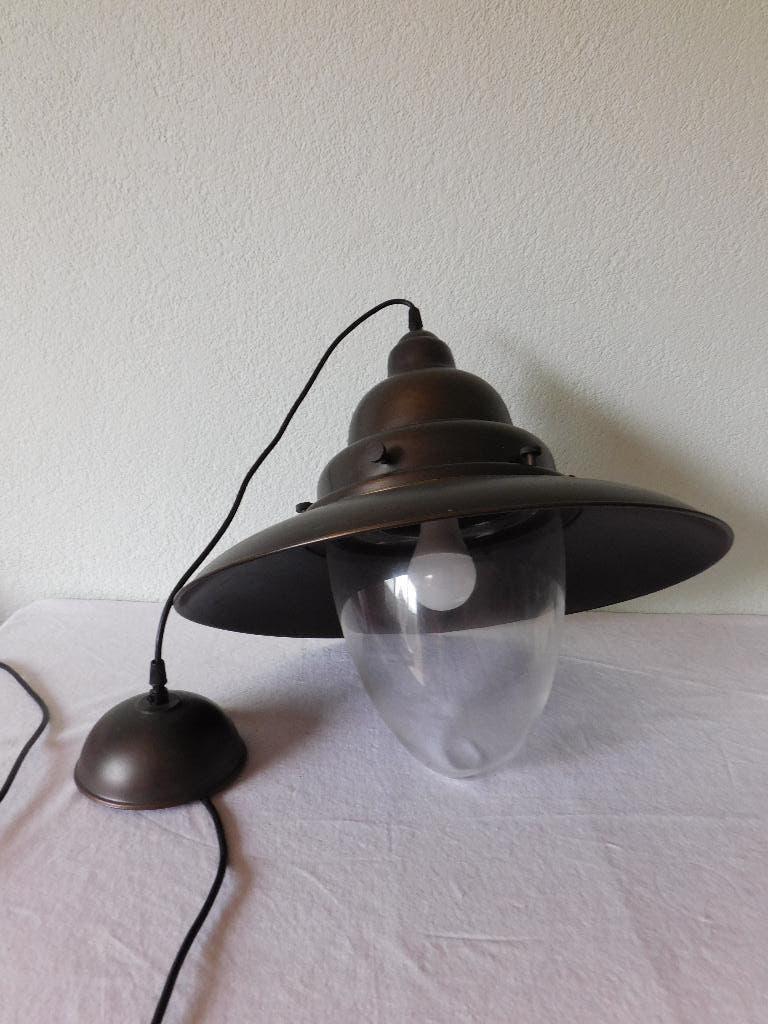 Vintage scheepslamp brons kleurig geborsteld metaal met glaz, Huis en Inrichting, Lampen | Hanglampen, Ophalen of Verzenden, Gebruikt