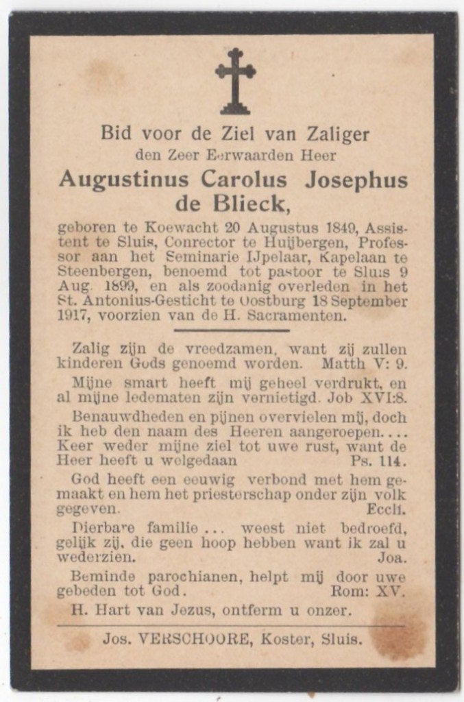 pastoor Augustinus de Blieck 1849 Koewacht + 1917 Oostburg, Ophalen of Verzenden