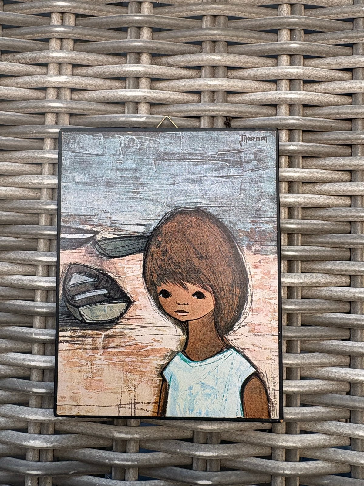Vintage print J. Moerman - Meisje met boten, Figuren, Hout, Ophalen of Verzenden, Gesigneerd