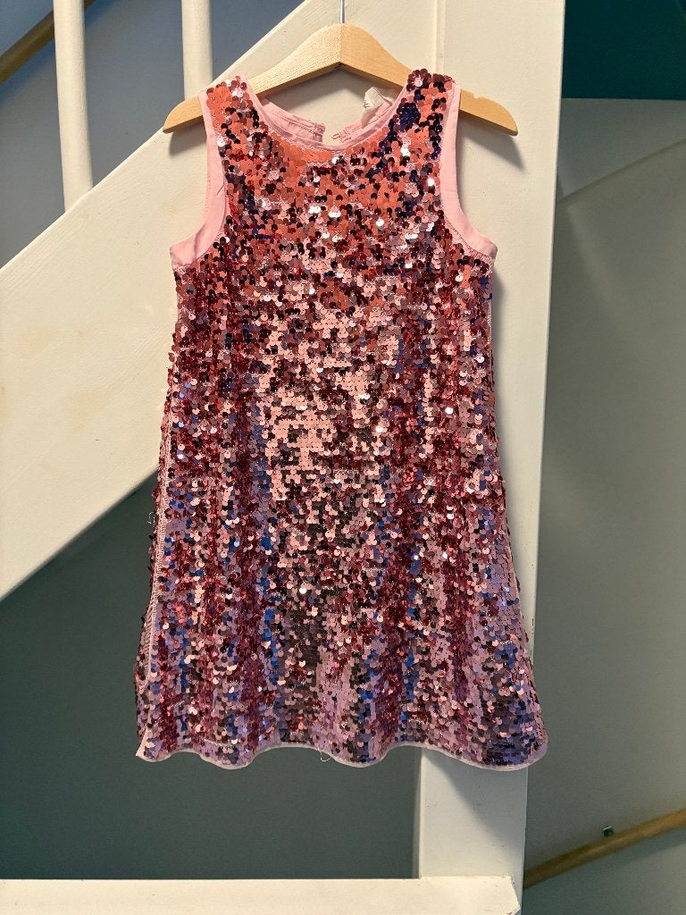 H & M roze pailleten meisje jurk, maat: 122, Kinderen en Baby's, Kinderkleding | Maat 122, Meisje, Ophalen of Verzenden, Zo goed als nieuw