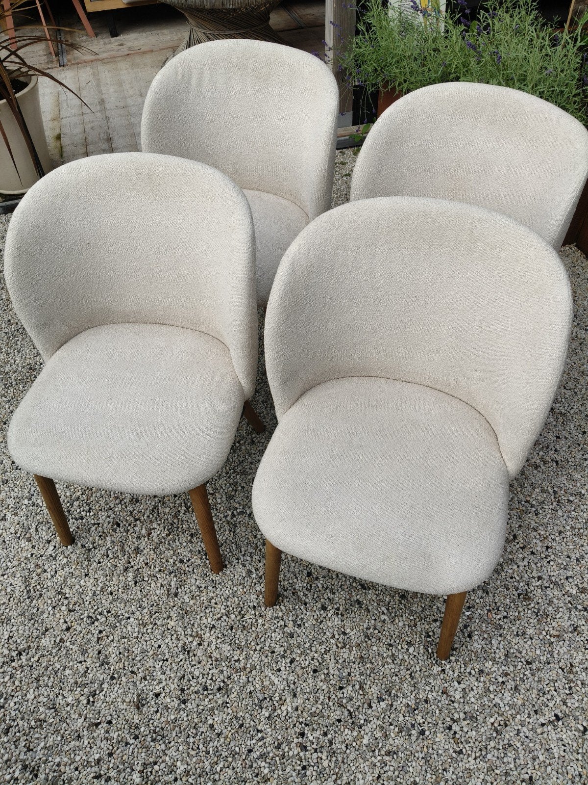Set van 4 Woood eetkamerstoelen, bouclé stof, Ophalen, Gebruikt, Overige kleuren, Modern, Scandinavisch