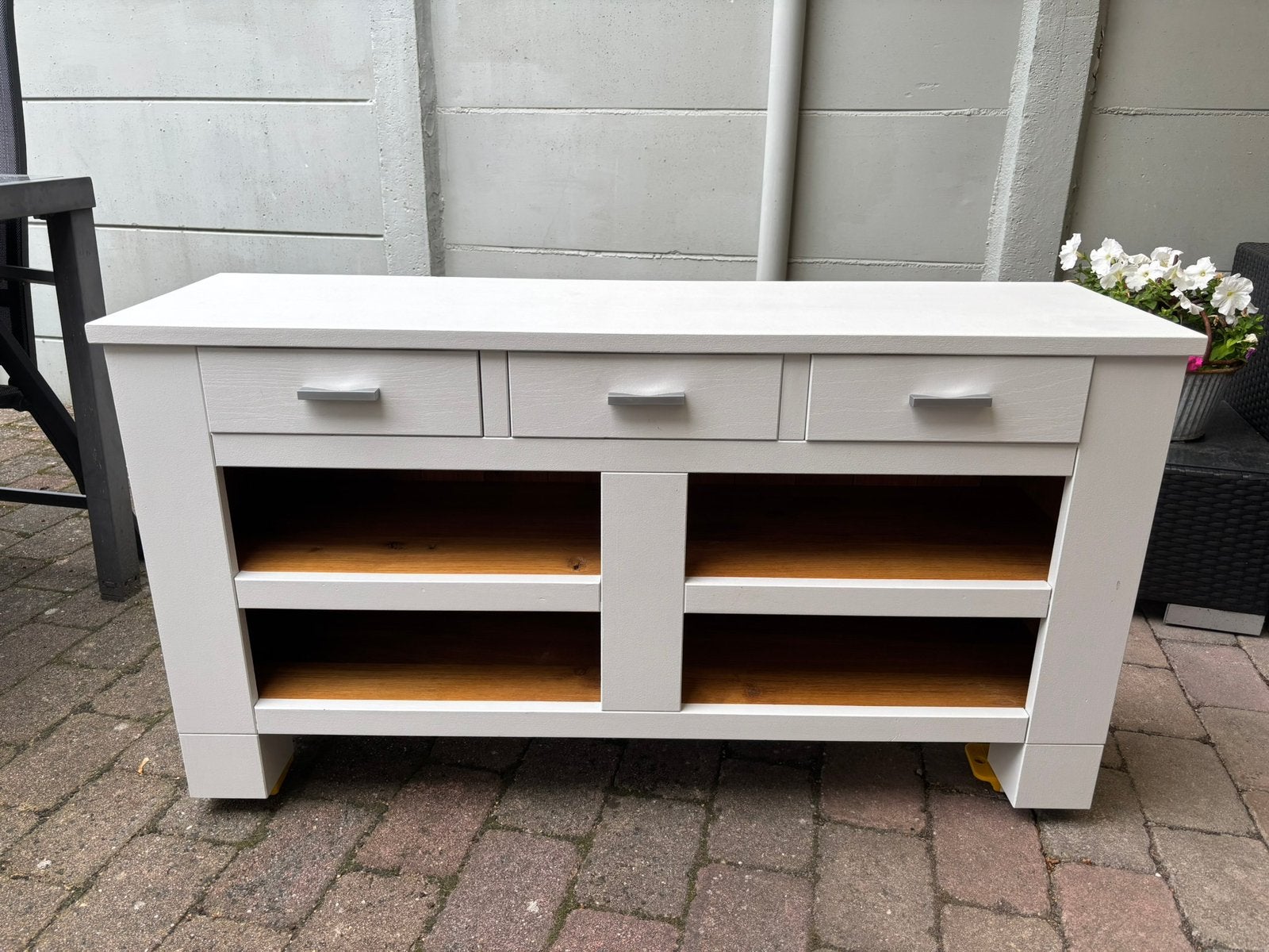 TV meubel masief blank eiken, Ophalen, 100 tot 150 cm, Eikenhout, Zo goed als nieuw