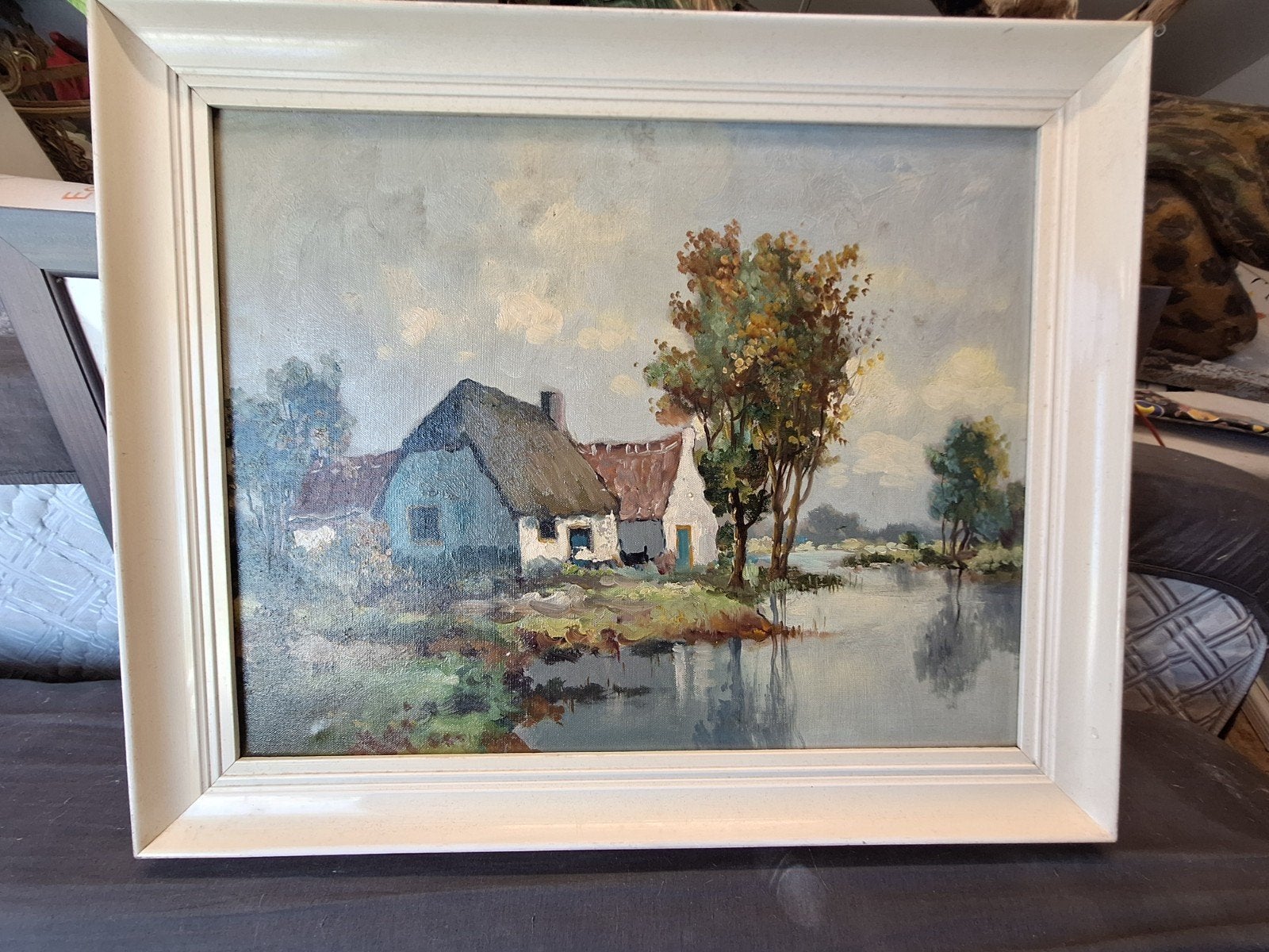 Schilderij: Landschap met boerderij en water, Ophalen of Verzenden