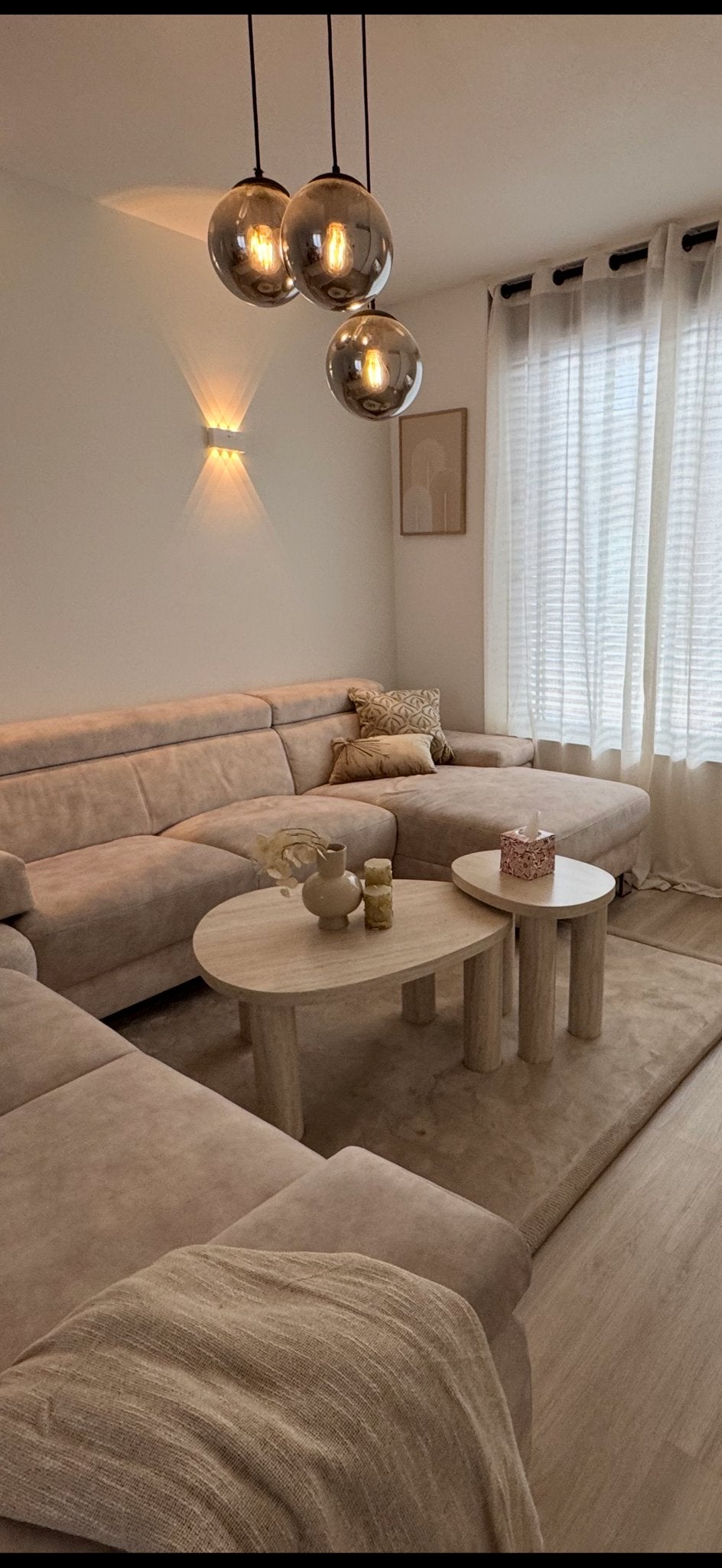 Travertine look salontafels - set van 2, Huis en Inrichting, Tafels | Salontafels, Ophalen, Overige materialen, Gebruikt, 50 tot 100 cm
