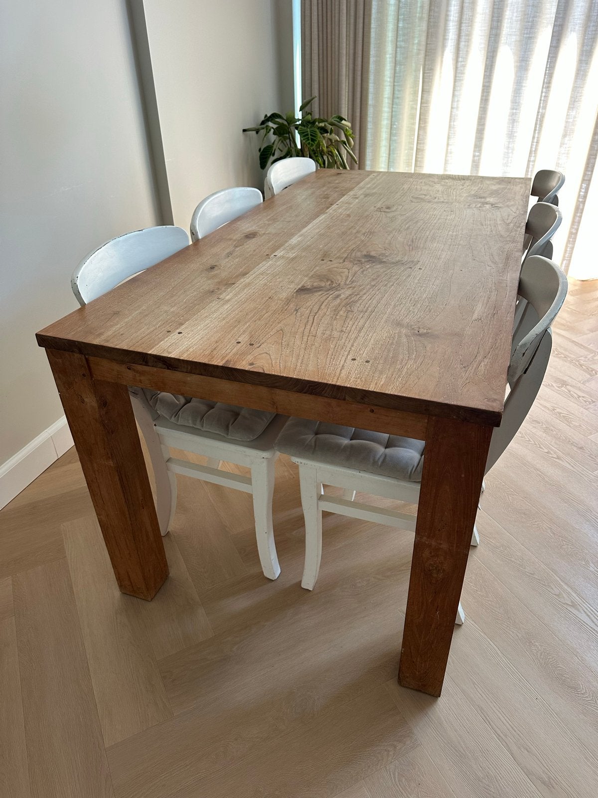 Teakhouten eettafel met 6 stoelen, Ophalen, Gebruikt, Teakhout, 50 tot 100 cm