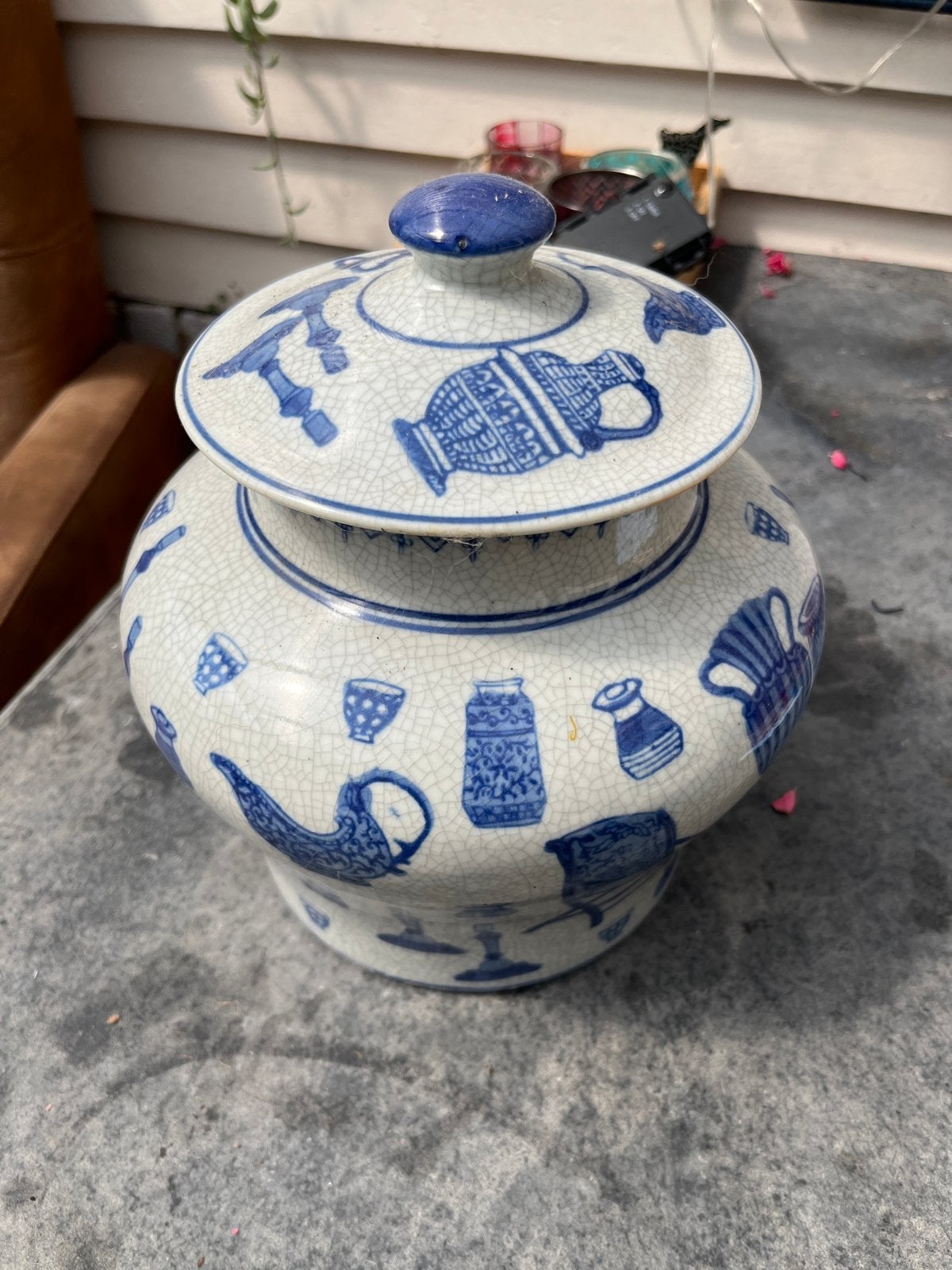Antieke Chinese Gemberpot Blauw-Wit Craquelé, Ophalen of Verzenden