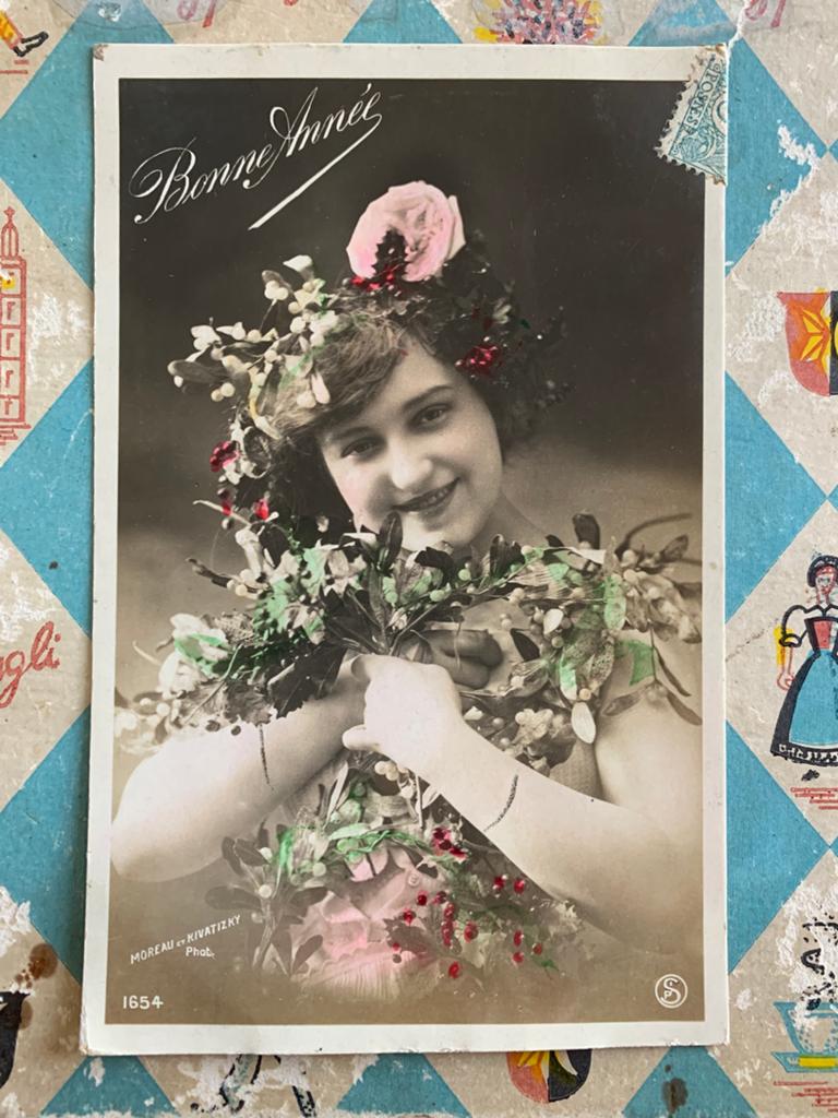 Bonne Année - dame met maretakken (GO), Ophalen of Verzenden, Voor 1920, Gelopen, Feest(dag)
