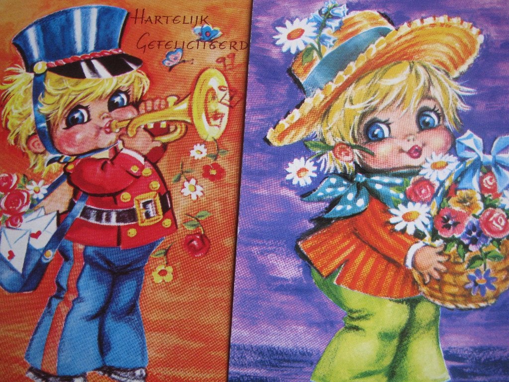 2 Vintage Kinder Kaarten - Trompet & Bloemen, Verzenden, 1960 tot 1980, Ongelopen, Kinderen